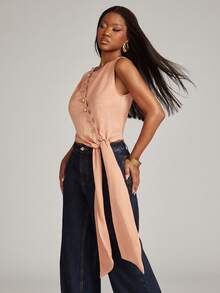 NYA SZN Top Cropped Tie Front Sleeveless Gold Button Versatile Y2k Warm Weather Outfits For Women - Pink - View 5