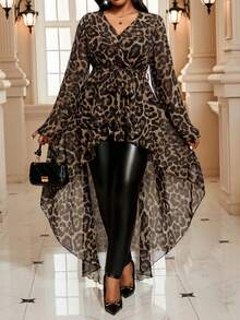 SHEIN Lady Plus Size Leopard Print V-Neck Front Short Back Long Casual Long Sleeve Shirt Winter For Women Winter Leopard Print Plus Size Cheetah Print Plus Size Animal Print Plus Size Plus Size Women Plus Size Tunic Top Christmas Christmas Winter For Women Christmas Christmas New Year New Year Thanksgiving For Women Leopard Print Cheetah Print Leopard - Brown - View 2