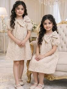 SHEIN Đầm dệt màu trơn cổ tròn trang trí nơ cho bé gái - Hồng - Xem 4