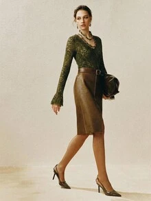 Arave Women's Velvet Lace Contrast Mesh Design Slim Fit Flared Cuff V-Neck Elegant Green Long Sleeve Blouse - Green - View 2