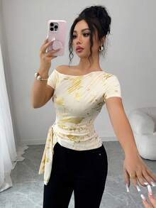 Elenzga 女士时尚亮面箔片斜肩不规则下摆系带喇叭袖休闲、优雅、通勤、复古、外出、约会、用餐、度假T恤，春夏款 - 彩色 - 查看 5