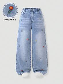 Genkimix Kids Tween Mädchen Jeans mit süßer floraler Stickerei, verwaschen, weich und bequem, gerade Beinform, geeignet für täglichen Gebrauch, Schule, Reisen, Zusammenkünfte in allen Jahreszeiten, Denim Jeans, niedliches Kirsche Tween Mädchen Ästhetik - Helle Waschung - Übersicht 5