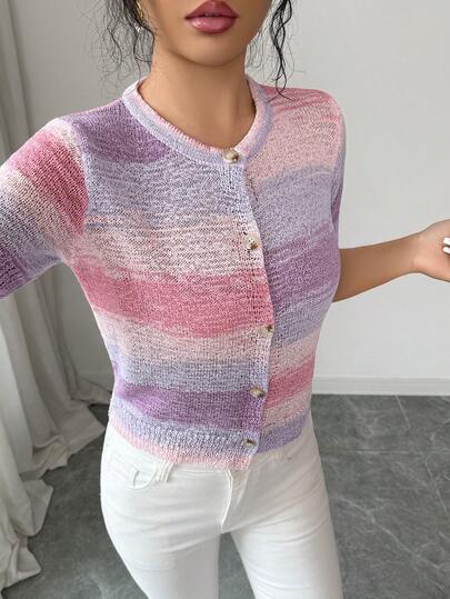 SHEIN Elenzya Áo kiểu tay ngắn cổ tròn phối màu ombre thanh lịch dành cho nữ, thích hợp cho mùa xuân/hè.