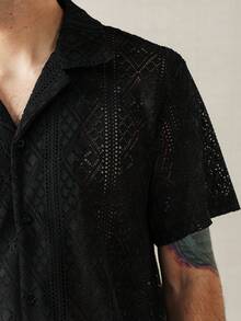HUEFORM Men's Lace Short Sleeve Shirt, Suitable For Dating, Casual Wear, Vacation, And Daily Commute - Black - View 4
