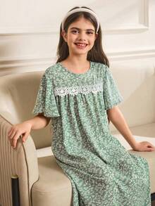 SHEIN Tween Girls' Loose & Cute Ditsy Floral Round Neck Pullover Loungewear - Mint Green - View 3