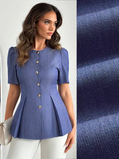 EURMUSE Women, Spring, Summer, Boho, Blue Blazer, Short Sleeve Jacket, Button Down Top, Denim Look Blouse, Vintage Style Blazer, Puff Sleeve Top, Tailored Jacket, Round Neck Blouse, Casual Blazer, Structured Top, Workwear Blouse, Chambray Jacket, Short Sleeve Blazer, Button Up Shirt, Fitted Jacket., Travel, Fake Denim Fabric