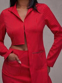 NYA SZN Matching Sets Top And Skirt Long Sleeve Collared Mandarin High Low Hem Cool Girl Streetweat Street Style Pocket Mini Length Statement Easter St. Patricks Day Brunch Casual Everyday Going Out Party Special Occasion Travel Vacation Office Siren Western Country Date Night Elegant Luxury Outfits For Women - Red - View 6