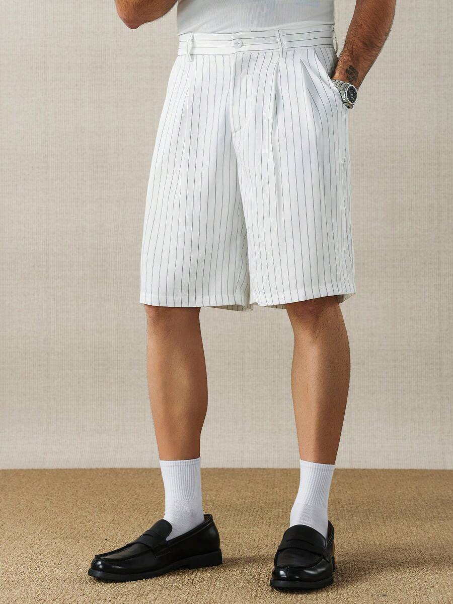 HUEFORM Men's Striped Belted Straight Leg Pleated Casual Shorts - White - View 1