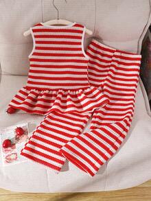 2pcs Girls Outfit,Sleeveless Striped Plaid Vest,Matching Loose Straight Leg Pants,Bow Decor Criss-Cross Straps,Summer,Family Matching,Casual Outings - Red and White - View 2