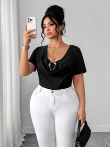 SHEIN Clasi Plus Size Women's Fashionable Elegant Commuter Draped Neck Patchwork T-Shirt With Silver Decor, Spring/Summer - Black - View 7