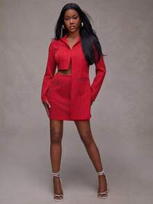 NYA SZN Matching Sets Top And Skirt Long Sleeve Collared Mandarin High Low Hem Cool Girl Streetweat Street Style Pocket Mini Length Statement Easter St. Patricks Day Brunch Casual Everyday Going Out Party Special Occasion Travel Vacation Office Siren Western Country Date Night Elegant Luxury Outfits For Women - Red - View 3