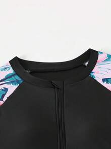 SHEIN 13-16岁少女泳装，长袖连体泳衣套装，热带花卉印花，拉链上衣，时尚泳装，适合夏季度假、海滩、泳池、节日派对。防晒泳衣，适合青少年穿着，全包覆式设计，春夏精选。防晒泳衣，适合女孩穿着，青少年泳装，连体泳衣，全包覆式泳衣，长袖泳衣。 - 黑色 - 查看 6