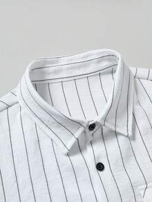 Manfinity Homme Men's Spring/Autumn Striped Casual Suit, Collared Long Sleeve Shirt With Practical Pockets + Drawstring Waist Pants, Versatile Daily Wear - White - View 3