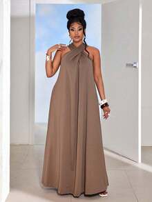 Maweii 大码女式夏季宽松睡袍，休闲度假连衣裙 - 棕色 - 查看 6