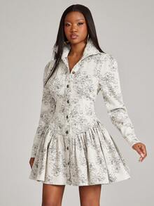 NYA SZN Women's Floral Print Single-Breasted Long Sleeve Ruffle Hem Denim Dress - Multicolor - View 5