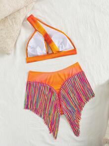 SHEIN Swim Ombre Asymmetrical Shoulder Bikini High Waist Tassel Thong Swimwear Set, Sexy Vacation - Orange - View 2