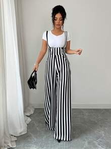 Elenzga Women's Casual Commuter Striped Wide Leg Jumpsuit - Black - View 3