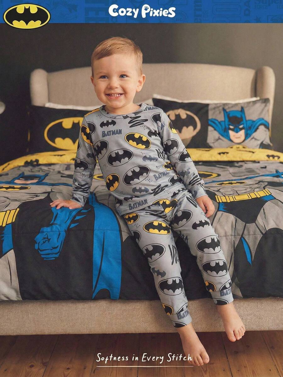 BATMAN X Cozy Pixies 男婴贴身睡衣套装，蝙蝠图案柔软针织圆领长袖上衣和松紧腰长裤，2件套 - 彩色 - 查看 1