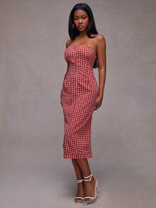 NYA SZN Dress Strapless Plaid Asymmetrical Hem Cool Girl Streetstyle Easter Club Day Brunch Casual Everyday Going Out Party Special Occasion Travel Vacation Office Siren Western Country Date Night Elegant Luxury Outfits For Women - Red and White - View 6