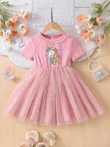 Emery Rose Kids Emery Rose Kids Young Girl Rainbow Unicorn Pattern Ruffle Trim Mesh Knit Dress Girls Glitter Pink Short Sleeve Kids For Toddler Party Dresses Casual Princess Sequin - Pink - View 4