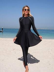 Swim Mulvari Bộ đồ bơi Burkini kín đáo, thanh lịch dành cho nữ, có khóa kéo, thích hợp cho kỳ nghỉ biển. - Đen và trắng - Xem 3
