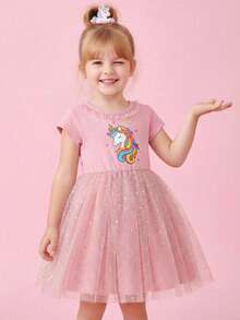 Emery Rose Kids Emery Rose Kids Young Girl Rainbow Unicorn Pattern Ruffle Trim Mesh Knit Dress Girls Glitter Pink Short Sleeve Kids For Toddler Party Dresses Casual Princess Sequin - Pink - View 3