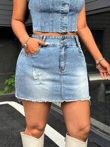 SHEIN ICON 大码女式口袋破洞下摆休闲牛仔迷你裙 - 淺色水洗藍 - 查看 3