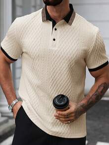 EGENSIO Men's Apricot Knitted Polo Shirt With Rib-Knit Details For Tennis And Golf Style Polo Shirt For Men - Apricot - View 4