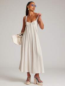 NYA SZN 女士条纹褶皱休闲派对连衣裙，适合夏季穿着 - 杏色 - 查看 6