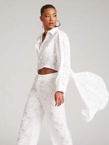 NYA SZN Mallory Lace Top Long Sleeve Oversized Loose Buttons Collar Drape Detail High Low Business Casual Event Everyday Wedding Brunch Office Holiday Gyaru Teacher Fall Summer Fall Statement Valentines Day Kings Day Outfits For Women - White - View 6
