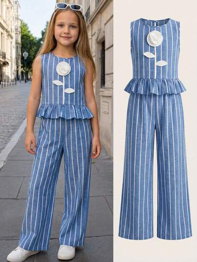 SHEIN 少女条纹撞色花卉图案两件套休闲衬衫和裤子套装