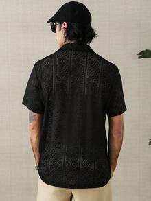 HUEFORM Men's Lace Short Sleeve Shirt, Suitable For Dating, Casual Wear, Vacation, And Daily Commute - Black - View 3