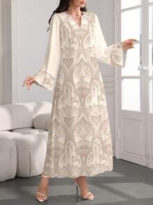 SHEIN Najma Đầm dài tay cổ chữ V in họa tiết hoa hình học, kiểu dáng bohemian Ả Rập thanh lịch, thích hợp cho mùa xuân và mùa thu. - Nhiều màu - Xem 3