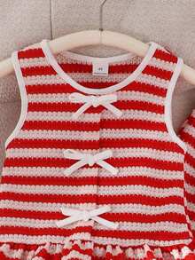 2pcs Girls Outfit,Sleeveless Striped Plaid Vest,Matching Loose Straight Leg Pants,Bow Decor Criss-Cross Straps,Summer,Family Matching,Casual Outings - Red and White - View 3