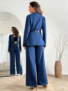 EURMUSE 女士两件套系带西装外套和阔腿裤套装，仿牛仔面料 - 寶藍色 - 查看 6