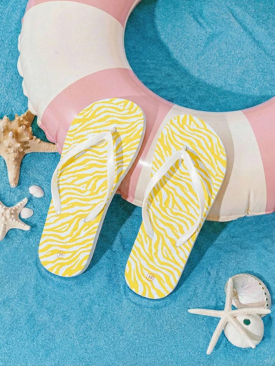 Grefit Dép xỏ ngón nữ, dép xỏ ngón họa tiết ngựa vằn vàng trắng, dép xăng đan mùa hè thoải mái, dép nhanh khô dùng trong nhà tắm, dép đi biển khi đi nghỉ mát. - Màu vàng - Xem 1