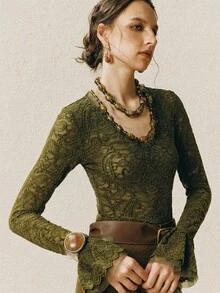 Arave Women's Velvet Lace Contrast Mesh Design Slim Fit Flared Cuff V-Neck Elegant Green Long Sleeve Blouse - Green - View 1