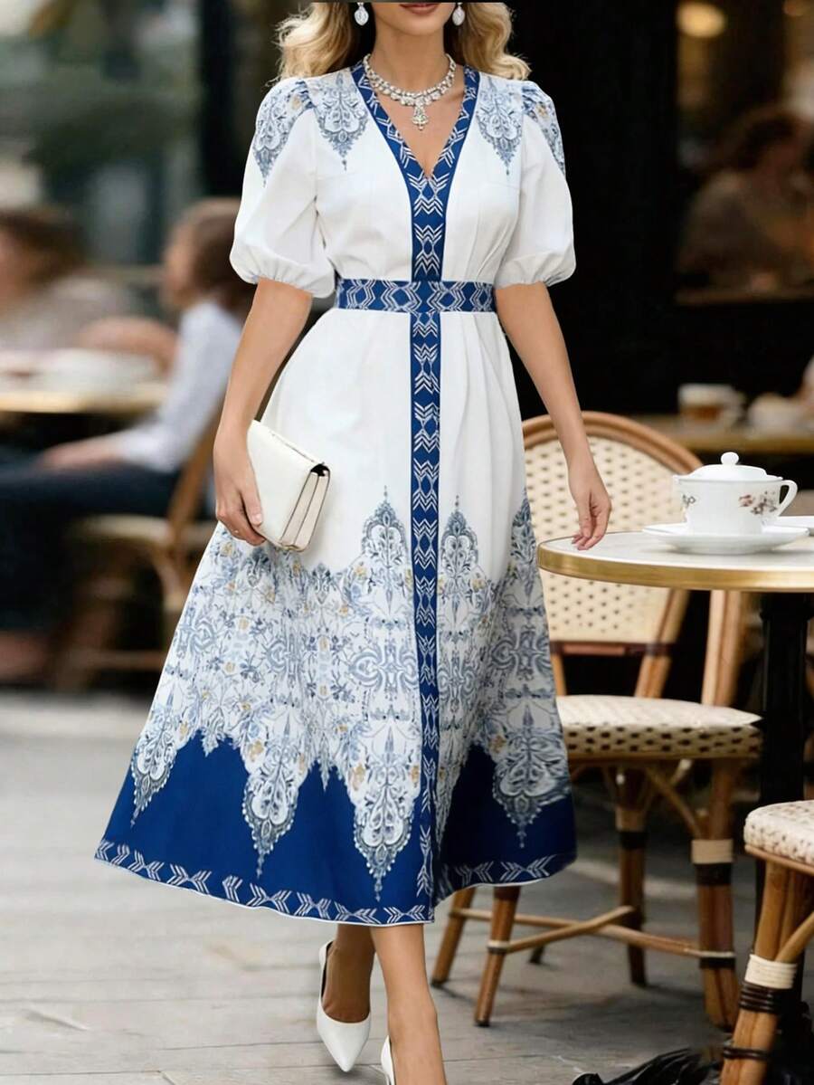 Opuloom 新款印花深V领泡泡袖收腰中长连衣裙，优雅浪漫休闲，适合日常穿着、度假、约会、派对、通勤，春夏皆宜。 - 彩色 - 查看 1