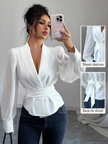 Elenzga 25 件优雅纯色领口系腰交叉带泡泡袖网眼拼布长袖衬衫，修身 - 白色 - 查看 8