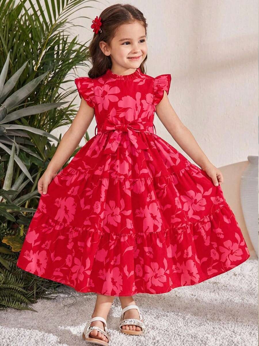 SHEIN 少女碎花荷叶边休闲连衣裙 - 粉色 - 查看 1