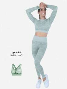 Conjunto Deportivo Mujer 3 Piezas Camuflaje Set Deportivo Completo con Sujetador Deportivo Top Deportivo Playera Deportiva y Leggings Ajustados Ropa Deportiva Mujer para Gimnasio Fitness Yoga Entrenamiento Uso Diario Primavera Verano Otoño - Verde militar - Ver 7