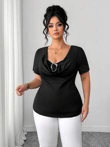 SHEIN Clasi Plus Size Women's Fashionable Elegant Commuter Draped Neck Patchwork T-Shirt With Silver Decor, Spring/Summer - Black - View 3