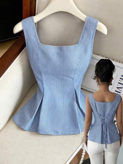 Elenzga 2025 Summer Niche Elegant Square Collar Striped Tie-Up Waist Sleeveless Shirt