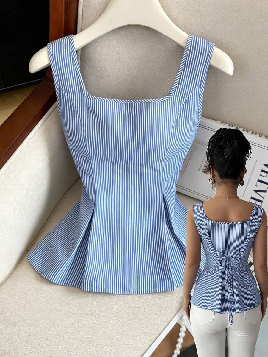 Elenzga 2025 Summer Niche Elegant Square Collar Striped Tie-Up Waist Sleeveless Shirt - Blue and White - View 1