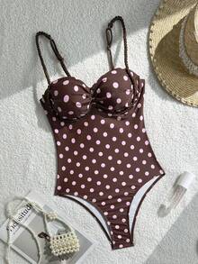 Swim Mod 女士连体泳衣，性感休闲度假简约优雅可调节肩带波点图案，春夏款 - 彩色 - 查看 6