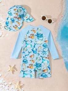 SHEIN Baby BoyLong Sleeve Swimsuit Set With Swim Cap, One-Piece Swimwear For Swimming, Beach, Pool, Water Play Baby Boy Swimsuit With Hat Baby Beach Wear Baby Boy Beach Essentials Baby Swimwear Baby Rash Guard With Hat Upf Baby Swimsuit Baby Boy Swim Rashguards Baby Beach Gear - Multicolor - View 3
