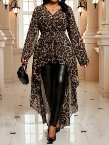 SHEIN Lady Plus Size Leopard Print V-Neck Front Short Back Long Casual Long Sleeve Shirt Winter For Women Winter Leopard Print Plus Size Cheetah Print Plus Size Animal Print Plus Size Plus Size Women Plus Size Tunic Top Christmas Christmas Winter For Women Christmas Christmas New Year New Year Thanksgiving For Women Leopard Print Cheetah Print Leopard - Brown - View 7