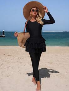 Swim Mulvari Women's Multi-Tier Ruffle Design Long Burkini Two Pieces Set, Mature Style For Beach & Resort Wear - Black - View 7