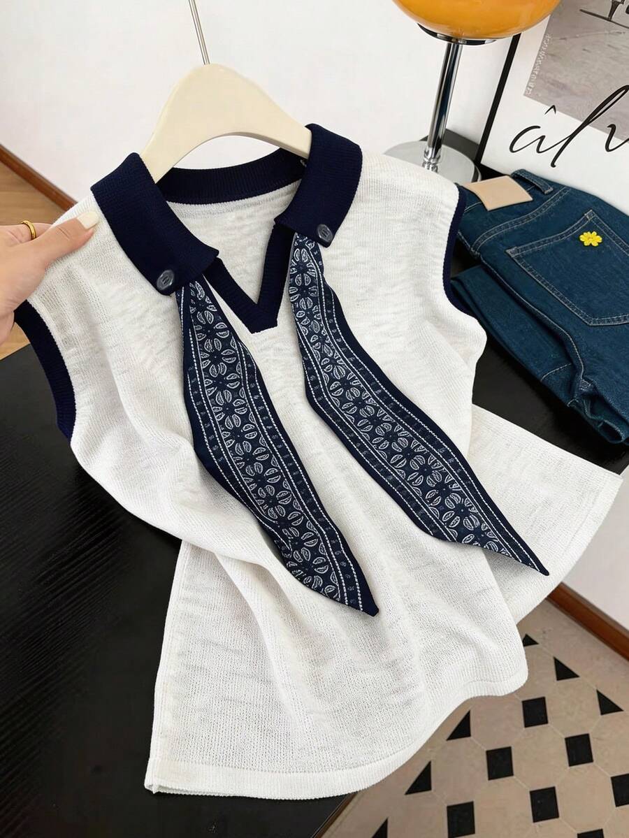 GlowEve Áo tank top không tay thanh lịch với khăn lụa, thích hợp cho mùa xuân/hè. - Xám - Xem 1