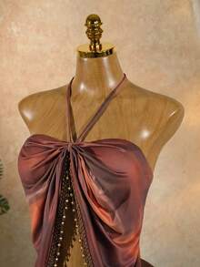 SaltGleam SaltGleam Women's Summer Boho Vacation Shades Of Brown Halter Backless Tasseled Crop Top,Tie Neck Bohemian Tassel Beachwear For Music Festivals - Brown - View 4